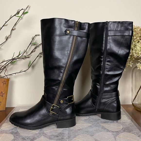 Charlotte Russe Corryn Edgy Wide-Calf Asymmetrical Gold Zipper Buckled Moto Boot - Picture 4 of 16